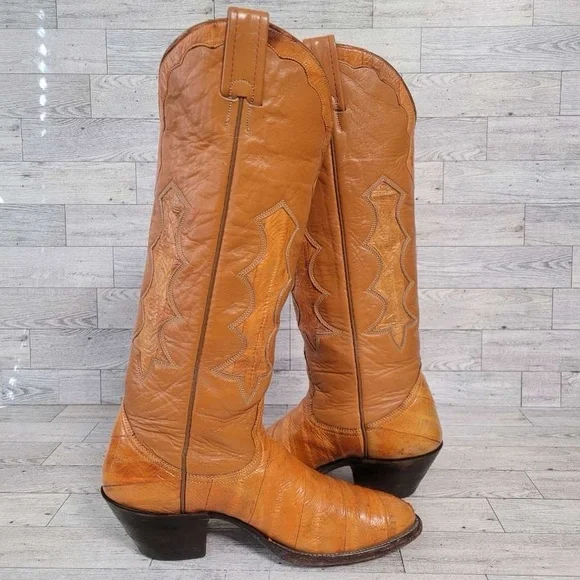 Vintage Nocona Western Brown Exotic Eel Leather Inlay Cowboy Boots Women's 6 C - Picture 5 of 11